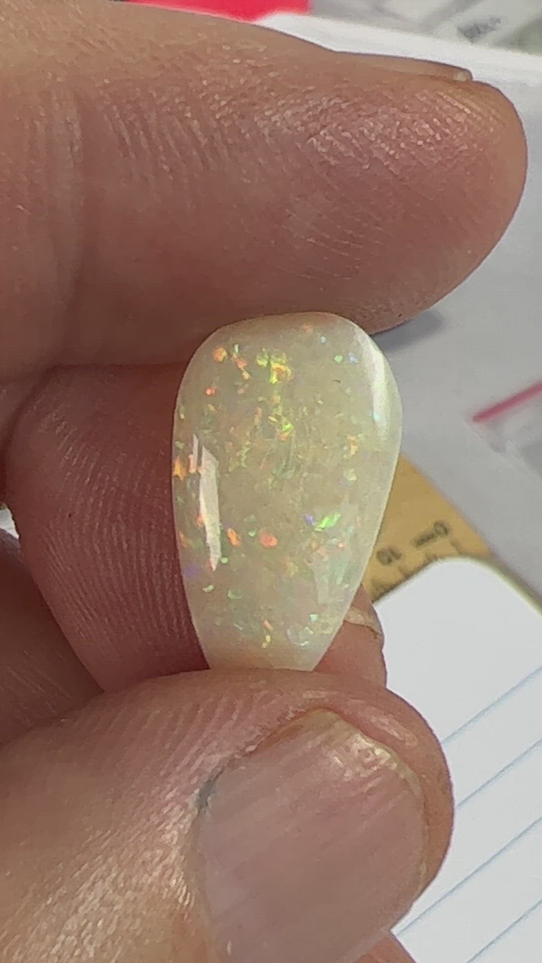 Perfect double sided pin fire solid white opal. Pear shaped and ready to go.