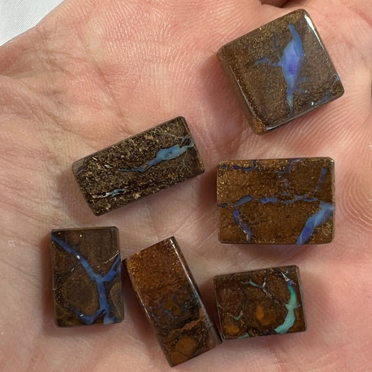 Six nice square cut boulder opals from Winton. Nice polish and ready for opal jewellery.