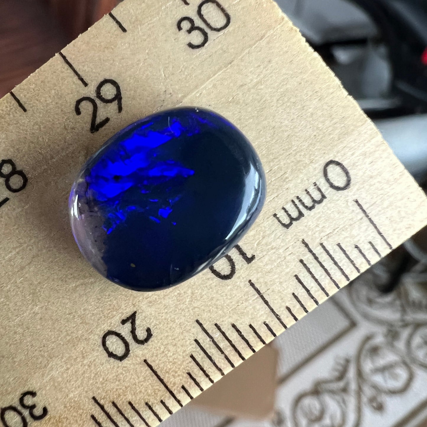 Nice Lightning Ridge Blue on Black Opal. Nice dome and polish. Clear on one end. Can be cut down or left as is, hence discounted price.