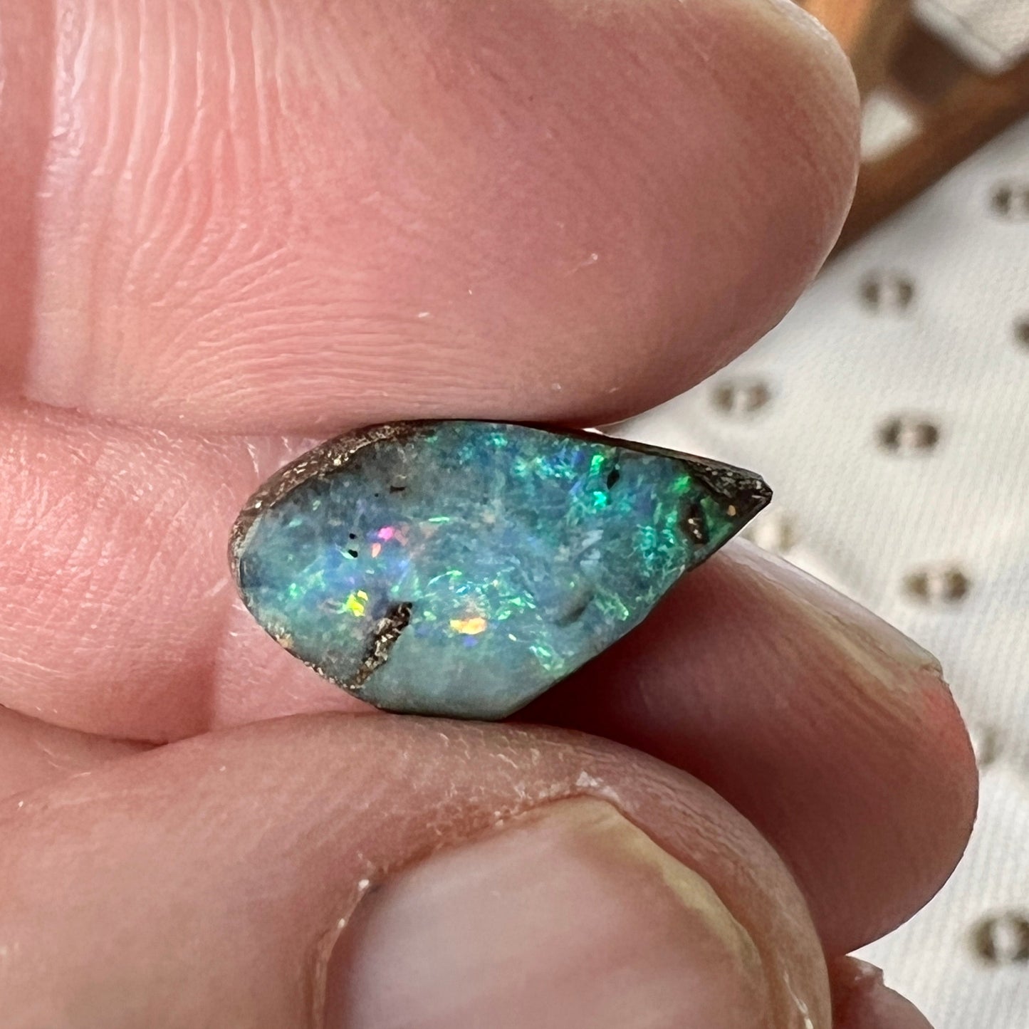 Boulder opal from Winton displaying great colours. Would make a lovely ring stone.