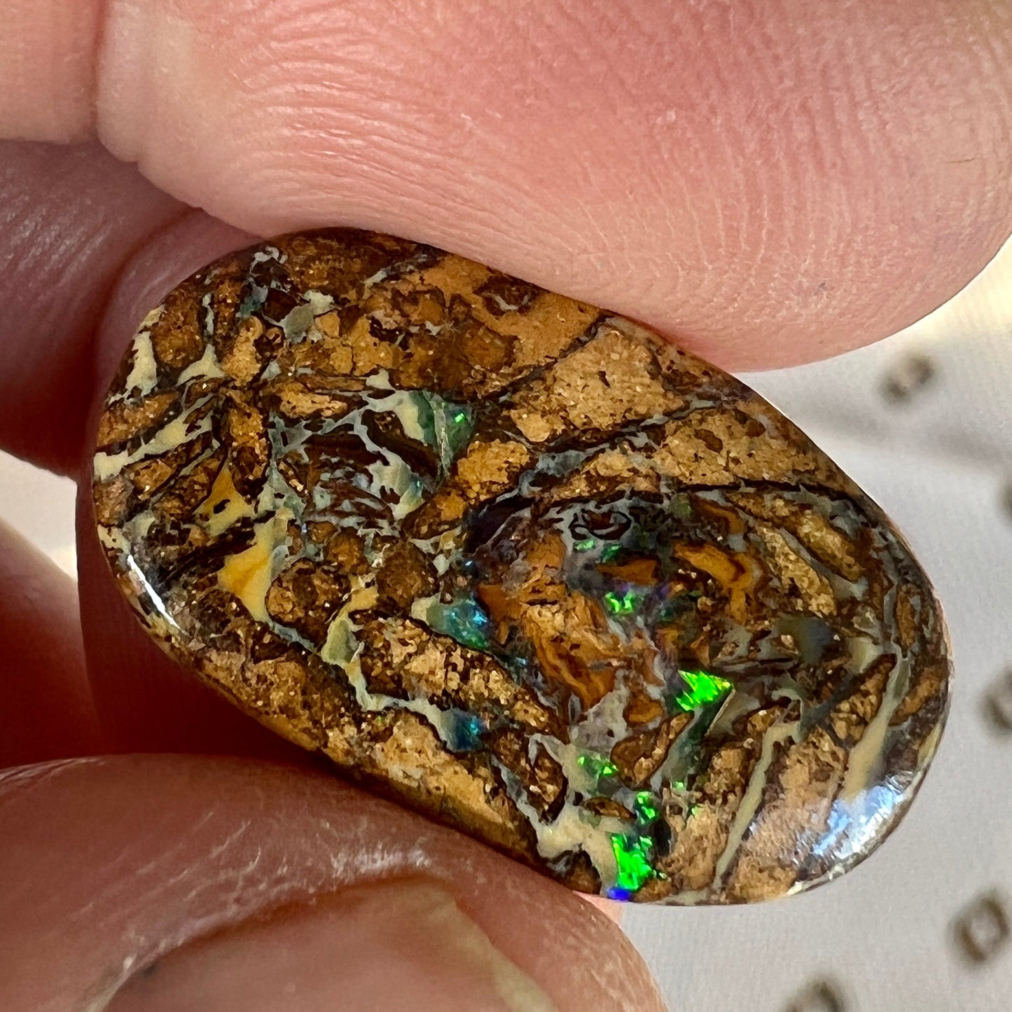 A great Opalton 'nut'. Unique colours for a wonderful piece of jewellery or simply as a keeper.
