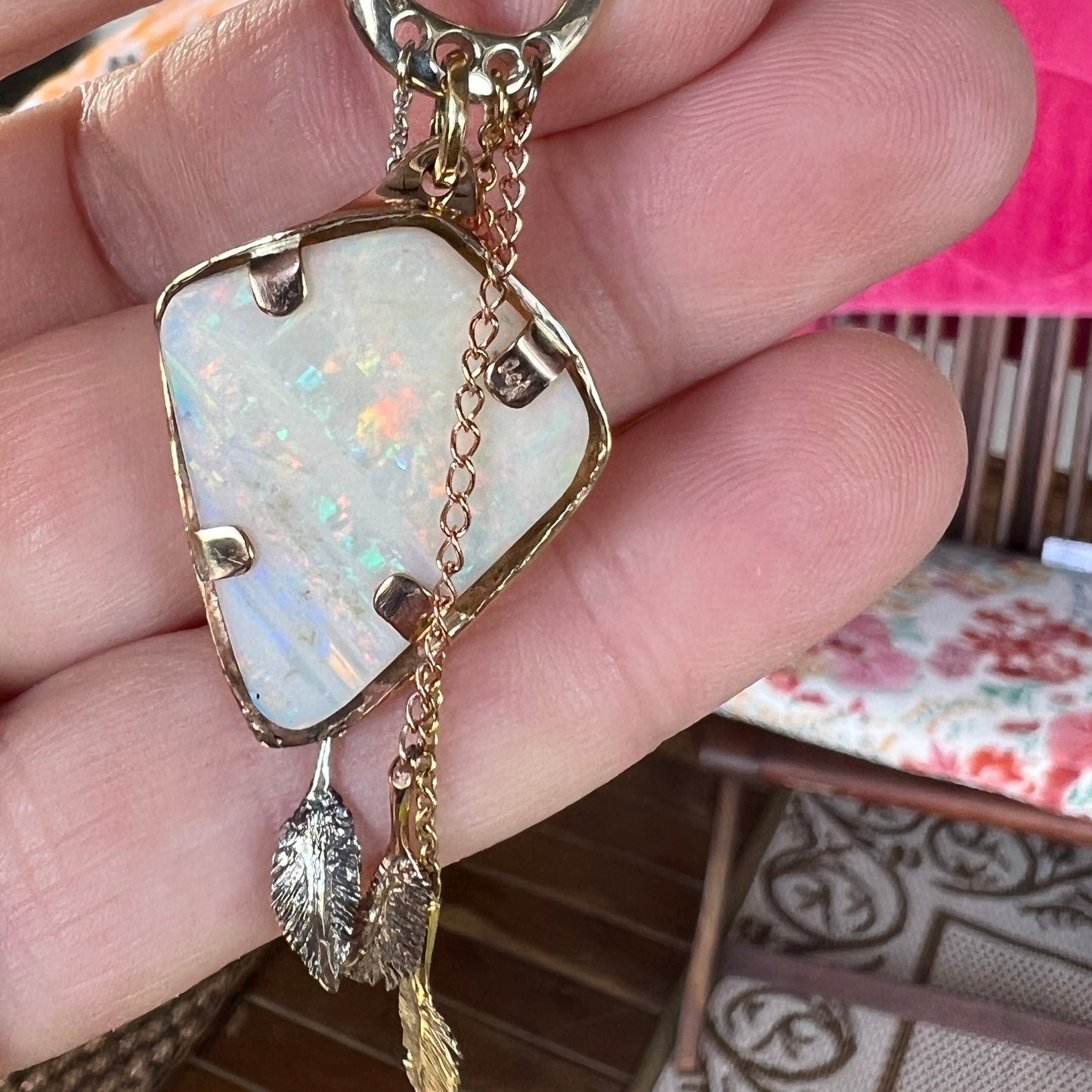 Beautiful solid vertical Mulga from the mine of Craig Haxton in Lightning Ridge. Set in a mixture of 9ct, 18ct, and Platinum gold, beautifully handcrafted by the talented Sally Fisher. A masterpiece.