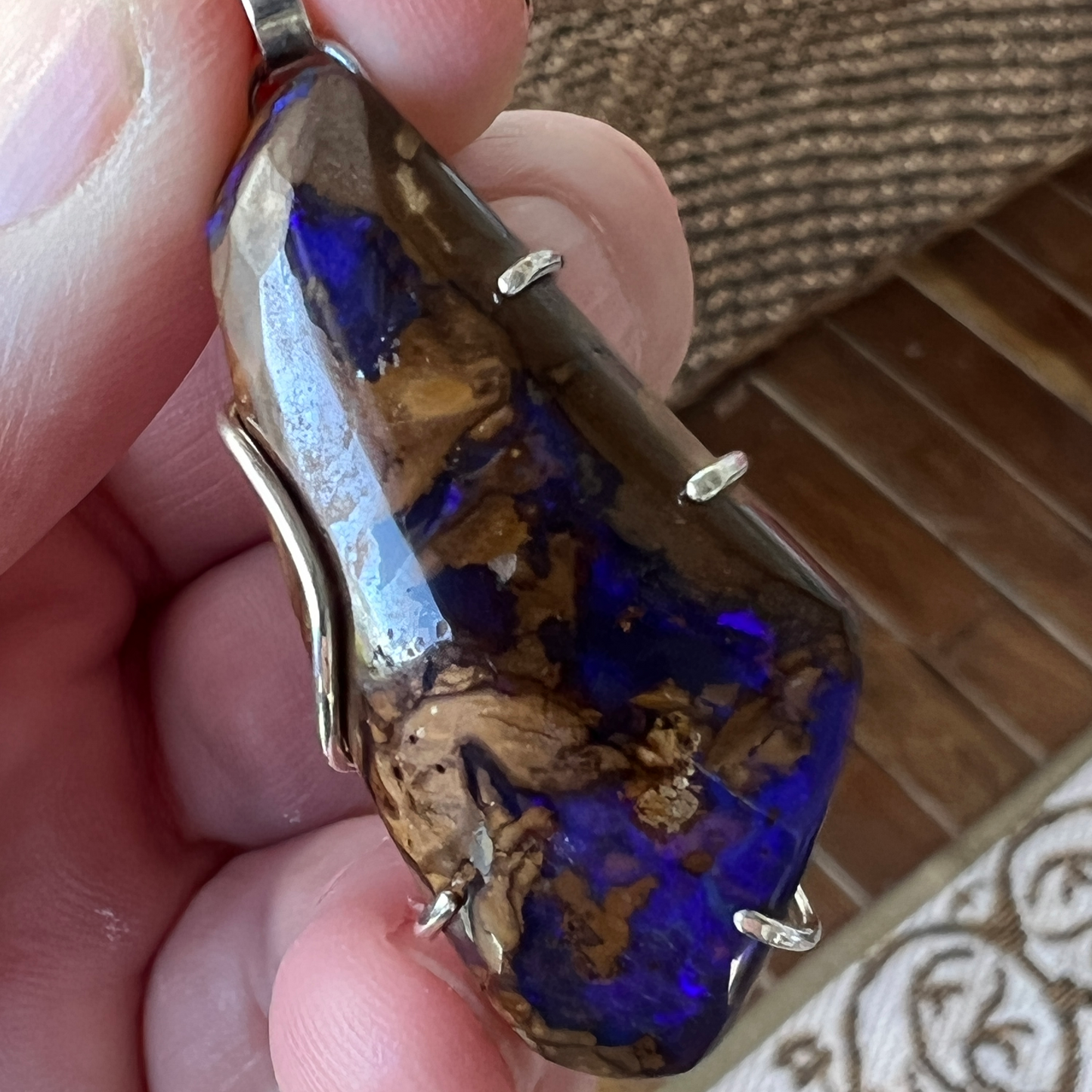A wonderful example of Winton Boulder opal. Great shape and colours. Mounted on custom made silver. A lovely piece.