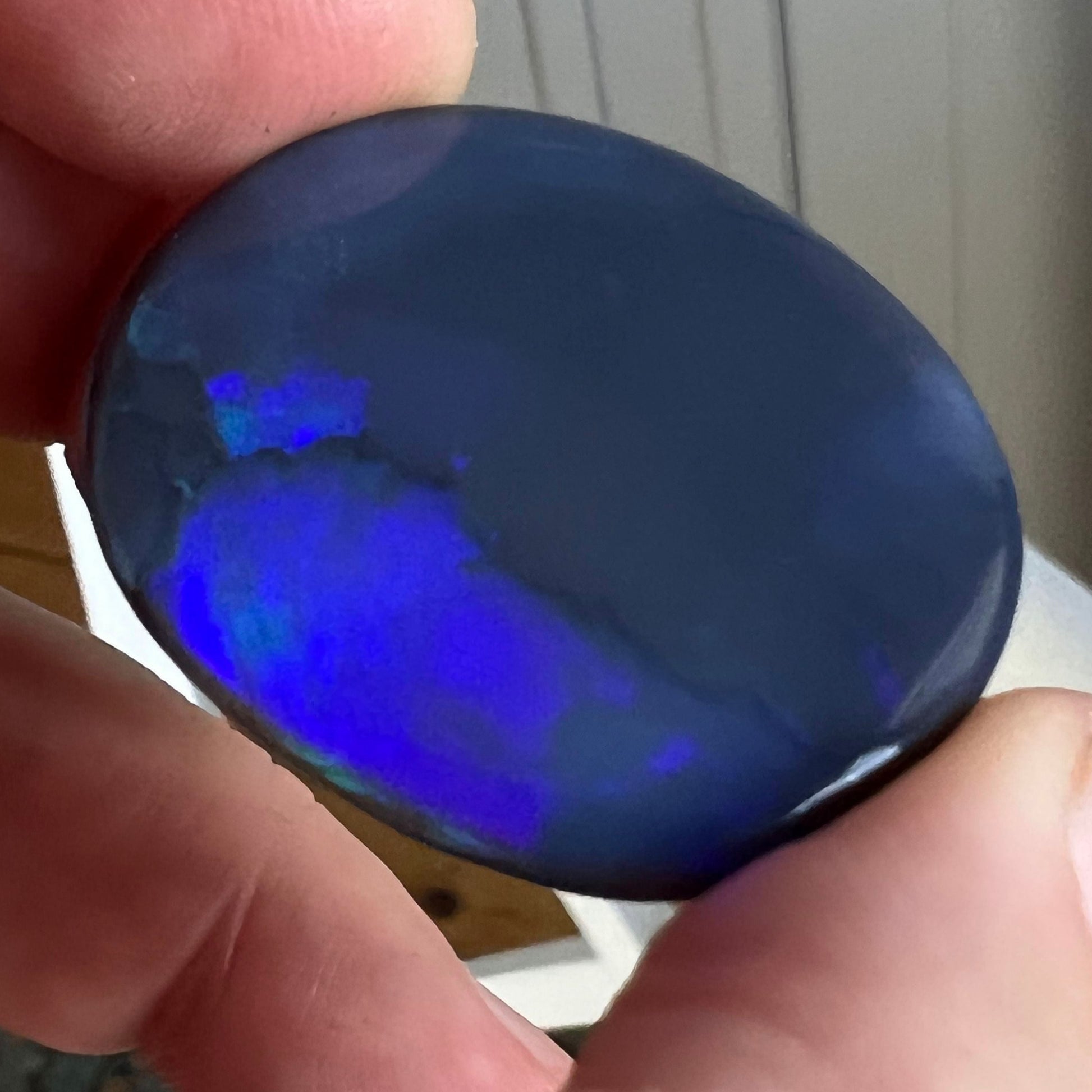 Large solid blue black opal from Lightning Ridge. A great statement piece weighing in at 32ct. Perfect cut and polish.