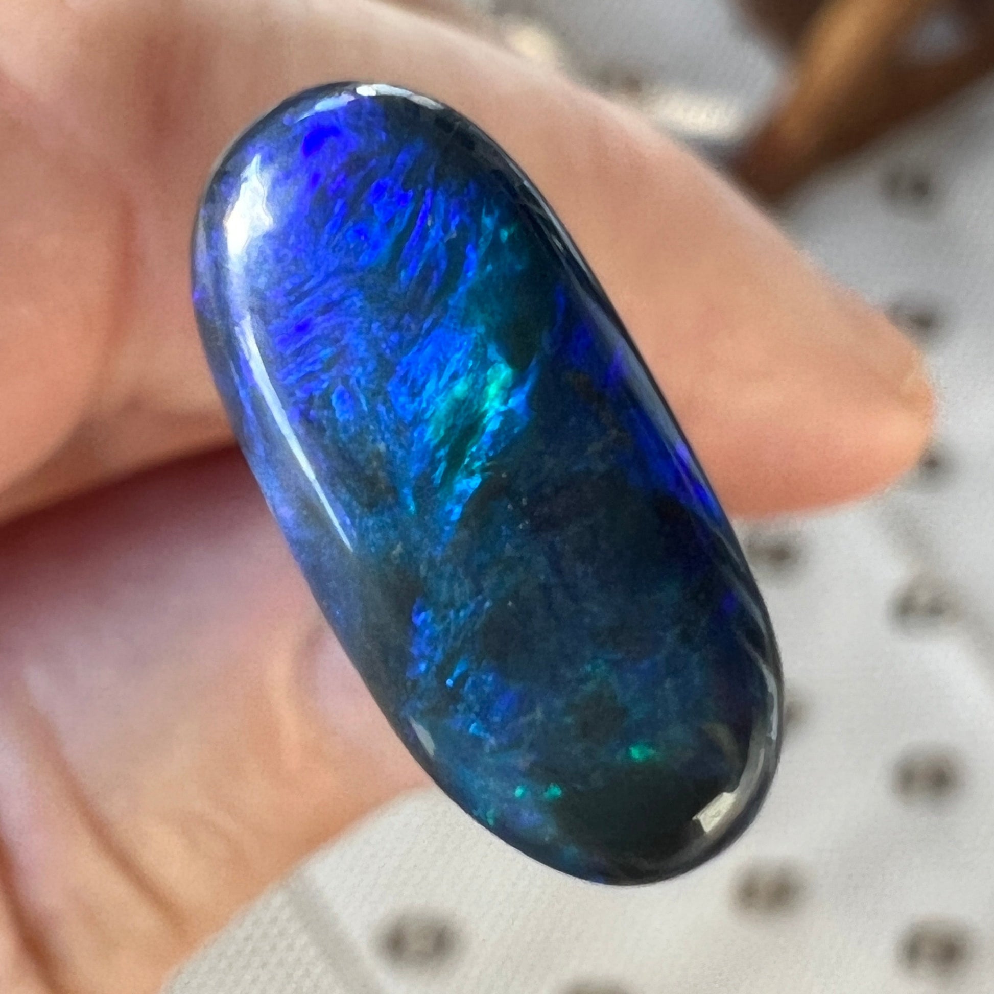 Lightning Ridge black opal displaying beautiful blues. Ready for setting.