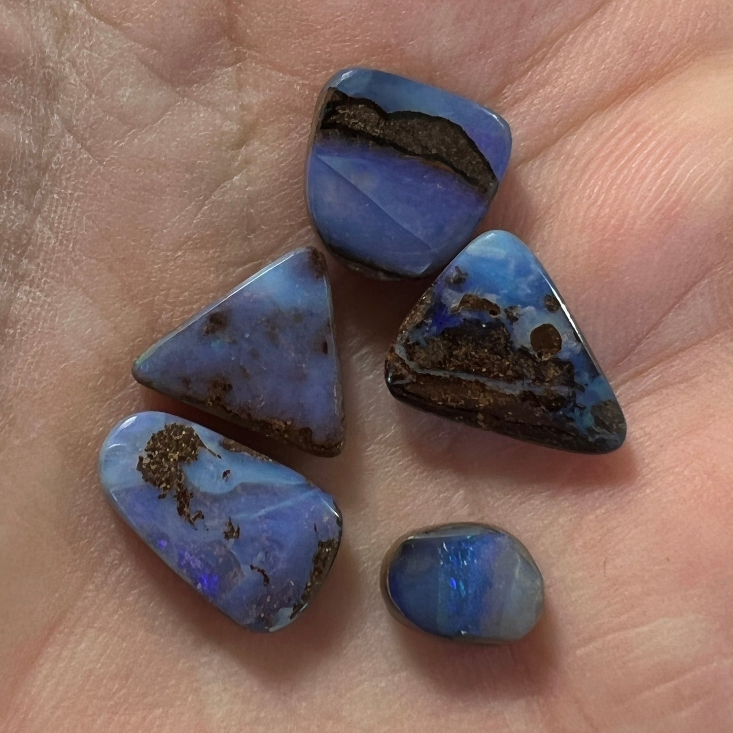 Five lovely pieces of Winton boulder opal. Nice blues and lovely polish.