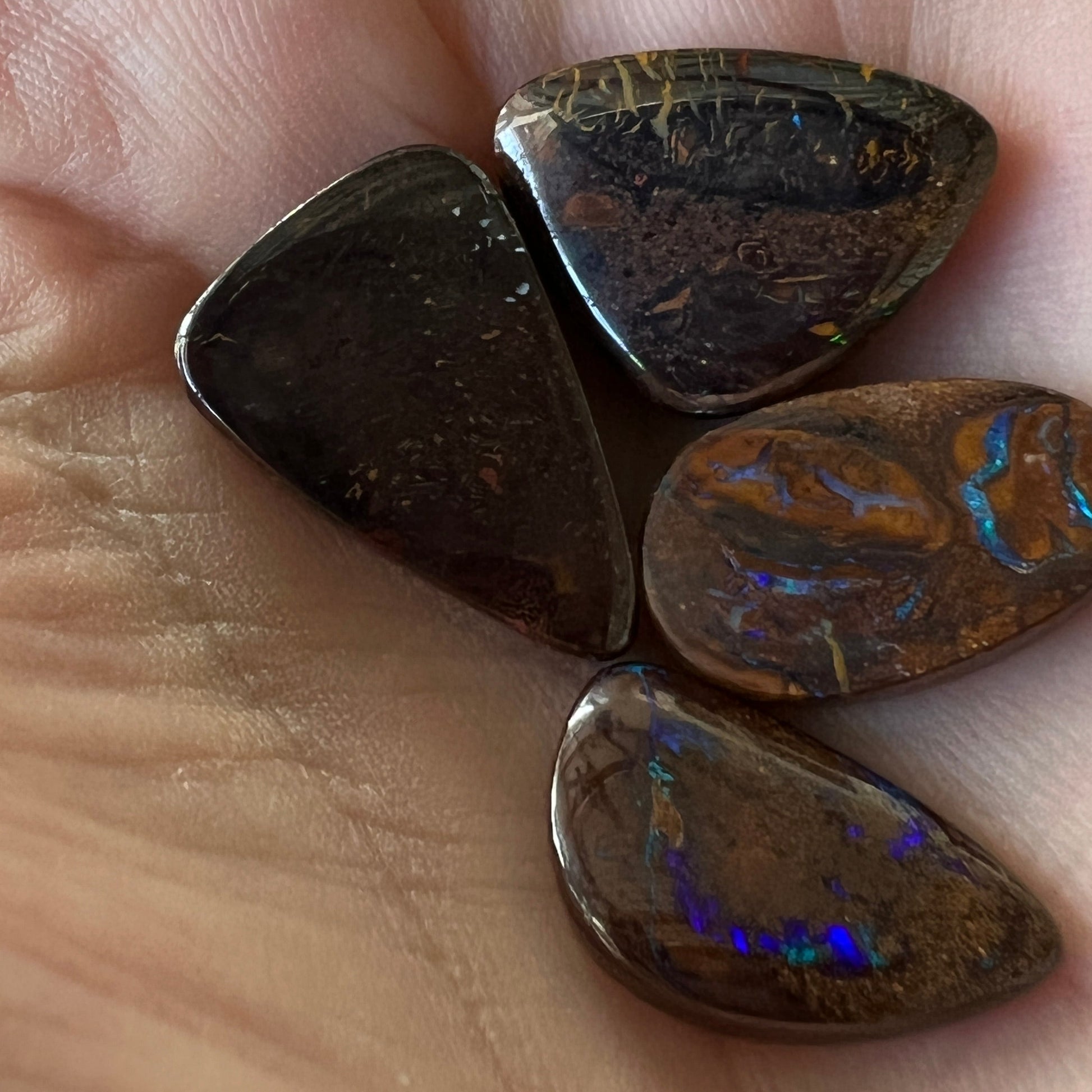 Four delightful pieces of boulder opal from Winton. Nice sparkles and polish.