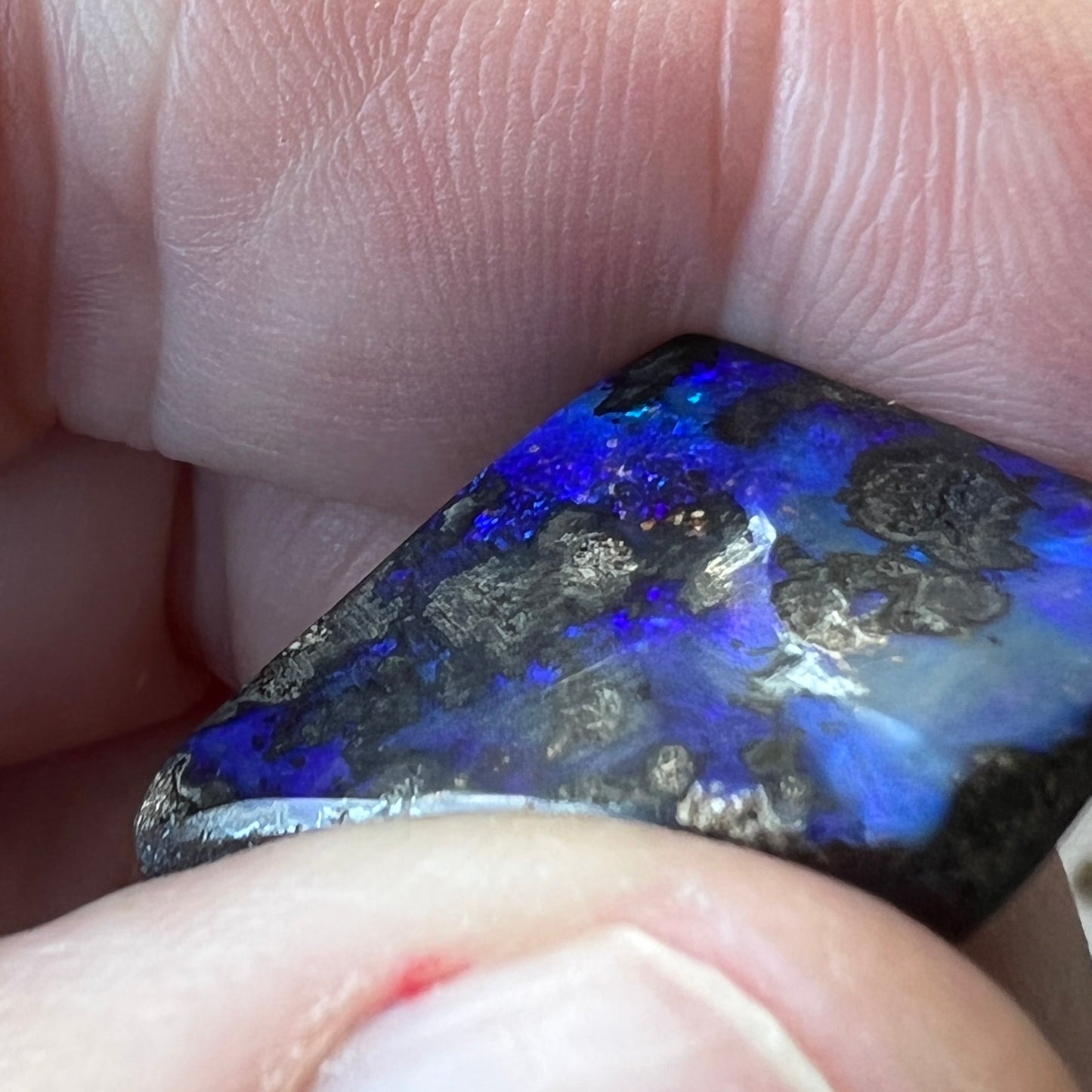 An unusual shaped piece of Winton boulder opal, showing beautiful blues.