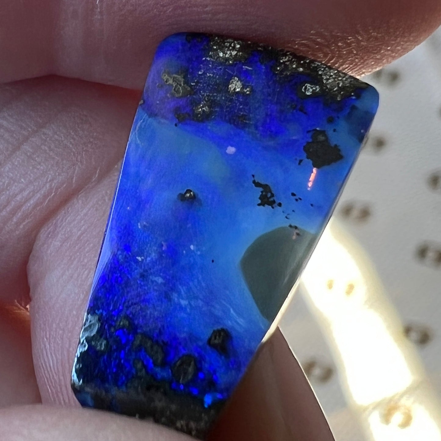 Nice bright blues are displayed throughout this Winton boulder opal.