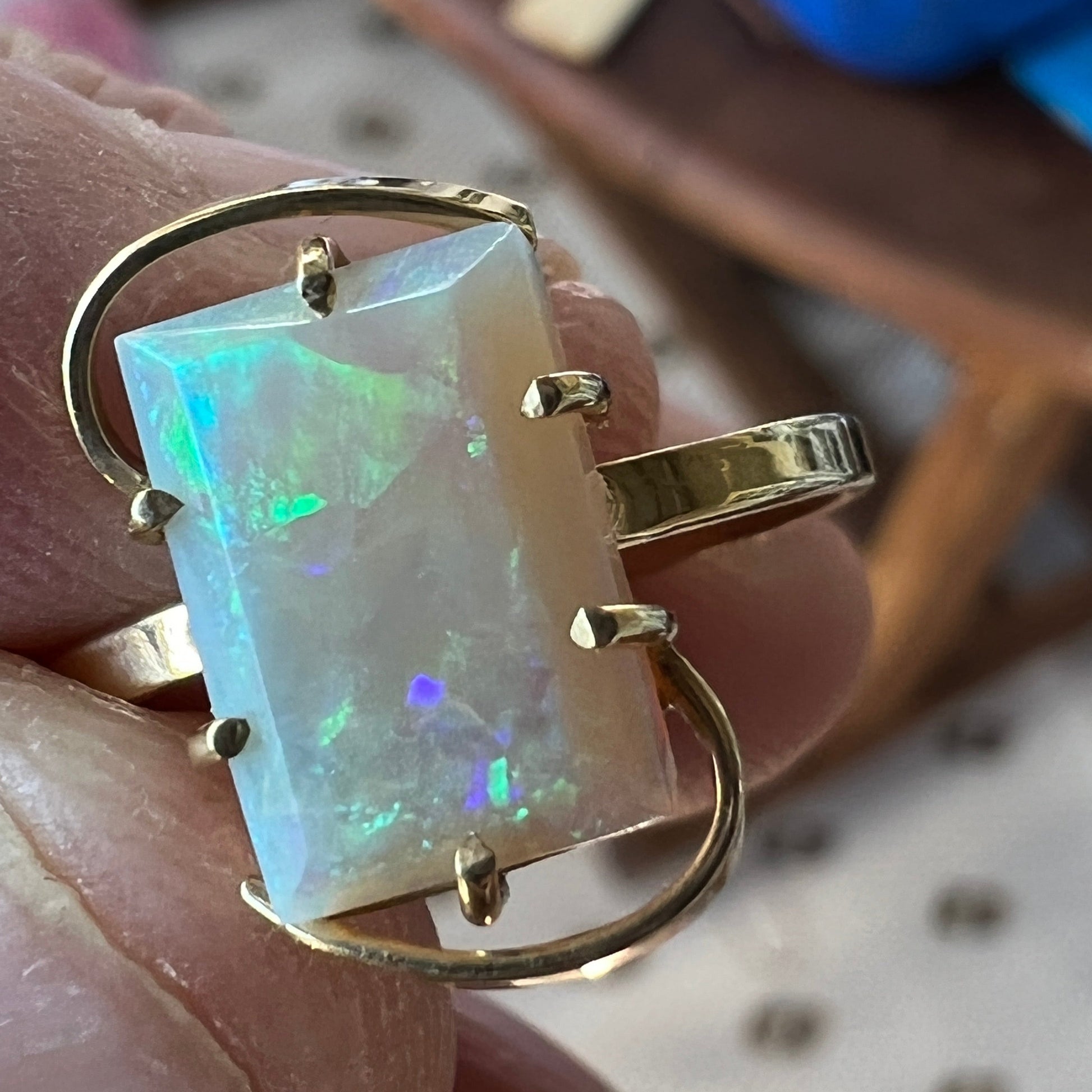 Stunning square cut Coober Pedy opal ring, beautifully polished and set in 14ct gold. A unique ring that will certainly be a show-stopper.