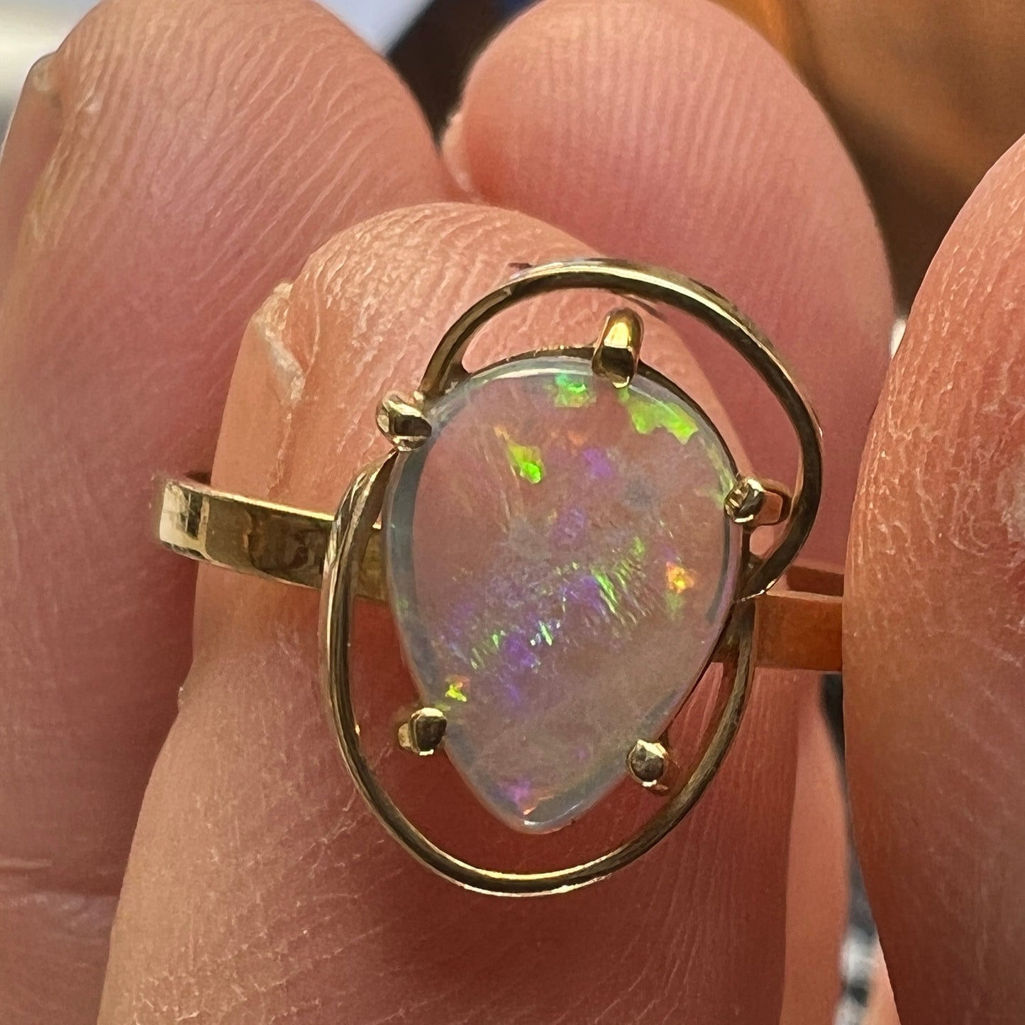 Great bespoke 14ct gold ring with an awesome Coober Pedy crystal opal showing fantastic colours.