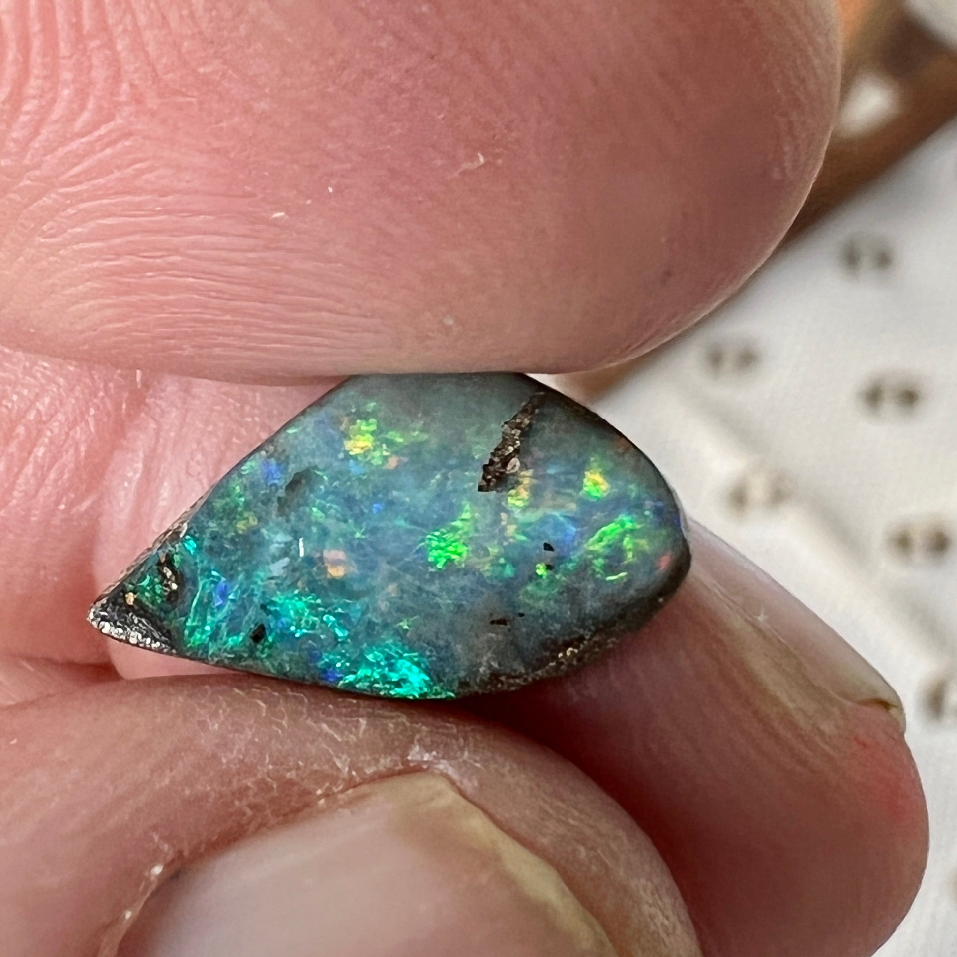 Boulder opal from Winton displaying great colours. Would make a lovely ring stone.