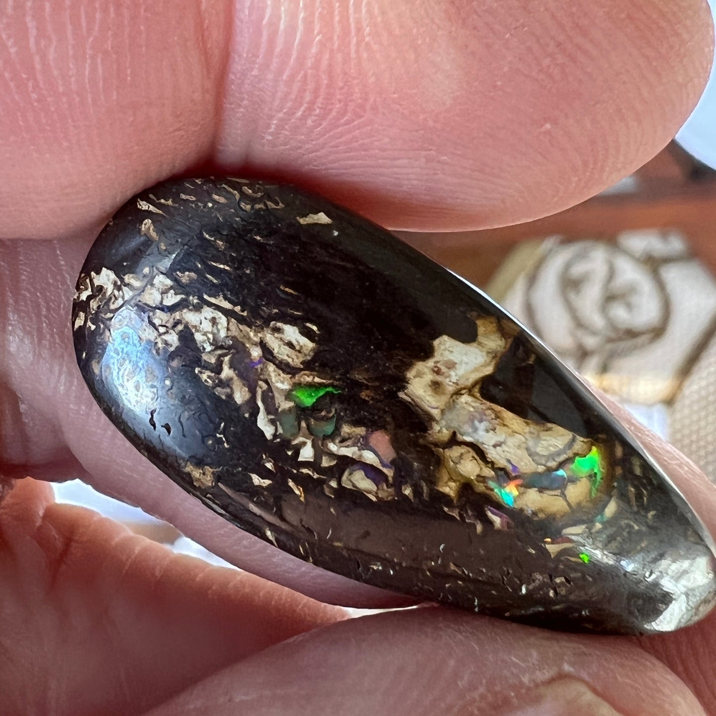 Great shaped boulder opal from Opalton, Queensland, with flashing colours.