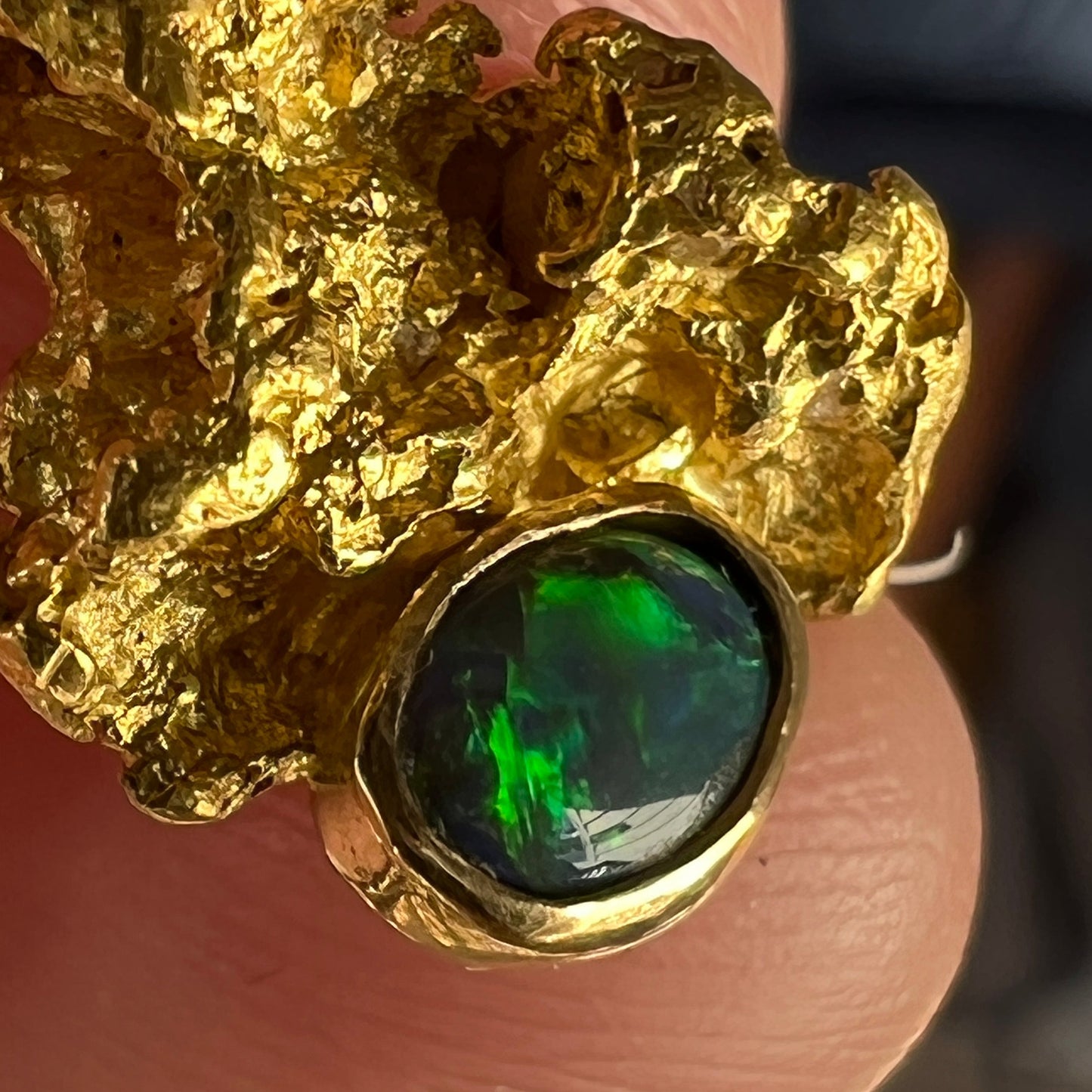 Pure gold nugget pendant from Western Australia, perfectly set and balanced with 18ct bale. Set with a beautiful Lightning Ridge solid black opal.