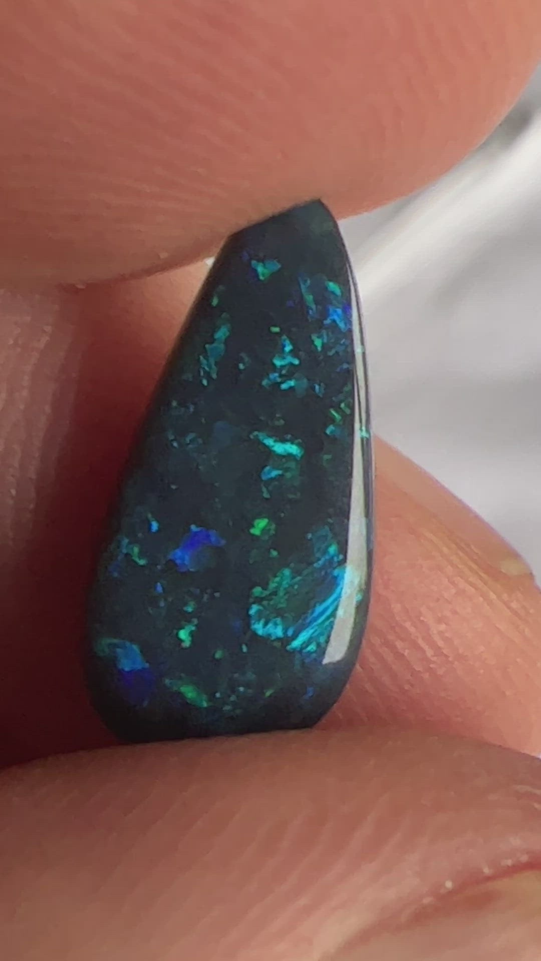 Beautiful solid black gemstone from Lightning Ridge displaying stunning blues and greens.